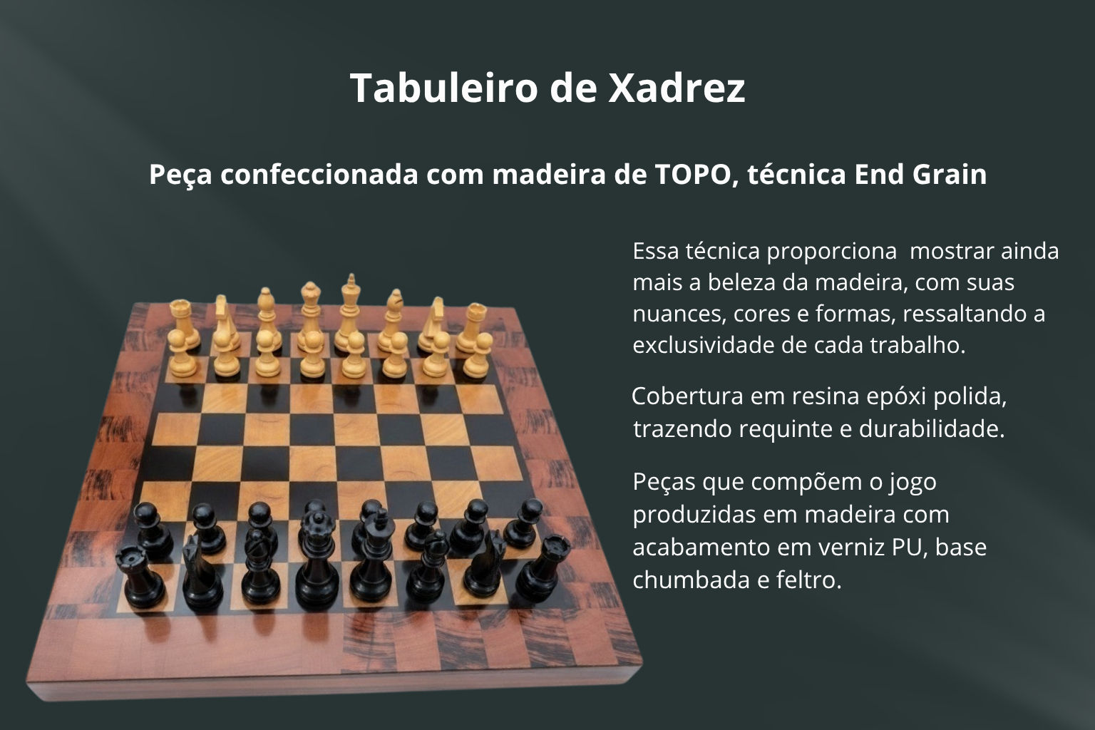 Tabuleiro de xadrez em madeira maciça nobre (end grain) - COMPLETO